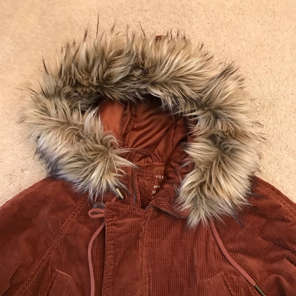 American Eagle AEO Brown Corduroy Winter Coat Womens Small Faux Fur Quilt Lined - Picture 7 of 14